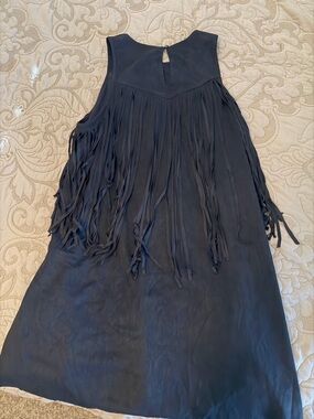 By Together Black Fringe Sleeveless Dress soft suede feel size L